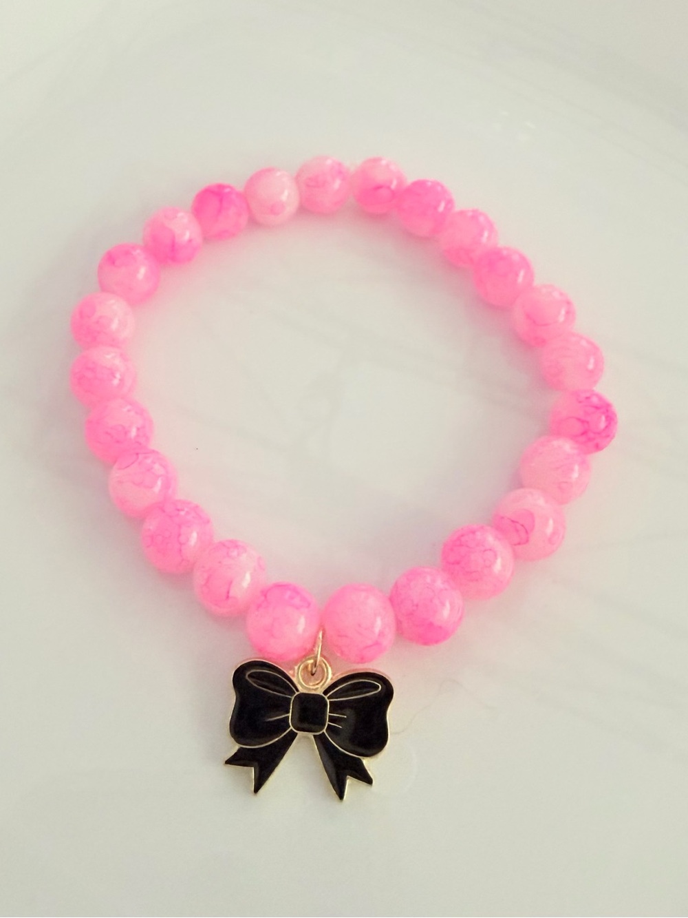 Pink Beaded Bracelet with Black Bow Charm Coquette Feminine Bow Jewelry